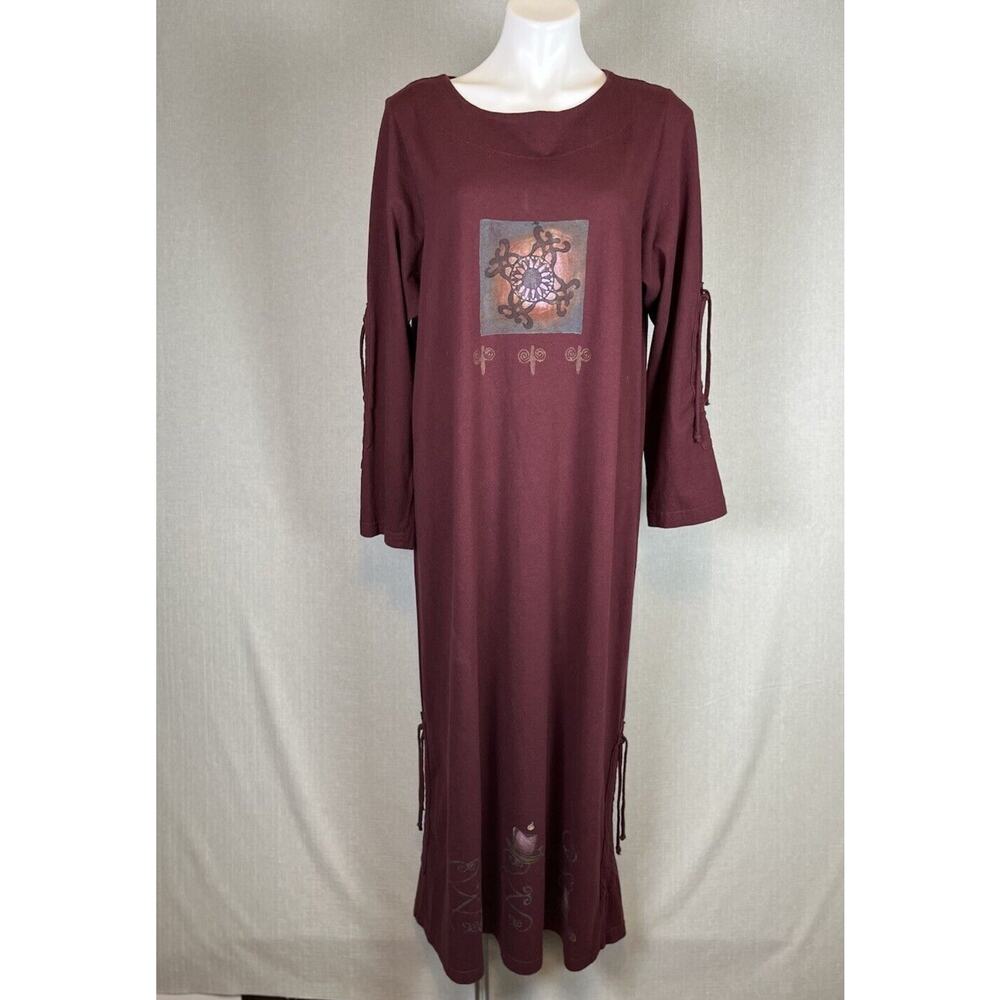 Blue Fish Organic Cotton Maxi Dress Purple Plum Size 1 Large Painted Ruched Side
